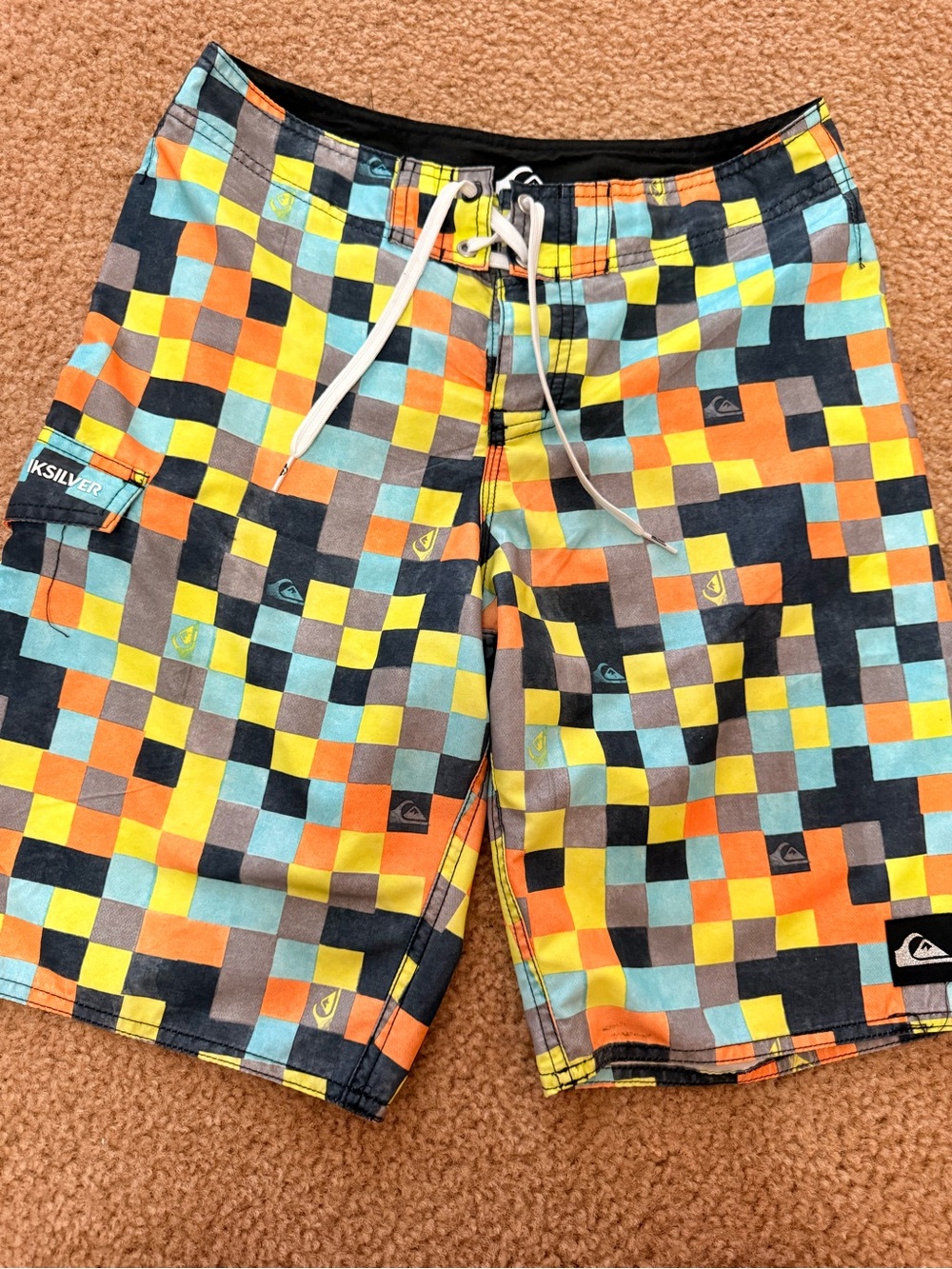 Quiksilver Kids' Orange Yellow Aqua Black Check Swim Trunks